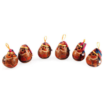 6-Piece Novica Christmas Owls Mate Gourd Ornaments