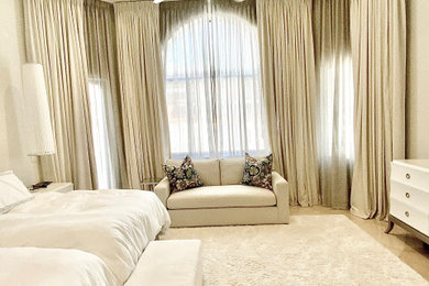 Bedroom - large contemporary master marble floor, yellow floor, tray ceiling and wallpaper bedroom idea in New York with white walls and no fireplace
