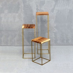 Pedestal with Steel and Acacia Wood. 30cm x 30cm x 103cm/78cm/53cm - Side Tables And End Tables