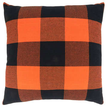 Poly Filled Throw Pillow With Buffalo Plaid Design, 20"x20", Orange/Black