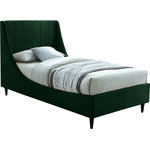 Meridian Furniture - Eva Velvet Upholstered Bed, Green, Twin - Snuggle up to a pet or other loved one in this richly upholstered Eva green velvet twin size bed for the ultimate in rest and relaxation. The wing back headboard has cushioned vertical deep channel tufting, and both the side rails and footboard are upholstered too for your comfort. Tapered black wood legs match the upholstery and support this contemporary bed, elevating it sufficiently that you can store items underneath.