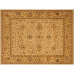 Bareens Designer Rugs - Oriental Ziegler Greg Beige Gold Hand-Knotted Wool Rug - 8'11'' x 11'11'' - Enhance the ambiance of your home with this magnificent Persian-influenced Turkish hand-knotted rug made by skilled artisans capable of creating the most exceptional vegetable dyes and hand-spun wool. This exquisite handmade rug is a one-of-a-kind Peshawar Kafkaz, otherwise identified as Chobi, Chobi Peshawar, Oushak, or Ziegler rug. These handmade rugs are crafted in Pakistan utilizing superior-quality wool imported from Australia, New Zealand, and Korea in two types of weaves: the Persian weave and the Mori weave. This rug is meticulously crafted by hand using the finest natural vegetable dyes extracted from local plants. The artisans use a blend of hand-spun local and fine merino wool, resulting in a rug with a compelling texture, higher lanolin content, and longer staple. The artisans occasionally incorporate natural or artificial silk into the pile to enhance specific motifs. The finished product is an awe-inspiring execution of flawless design and an understated palette that exudes elegance.