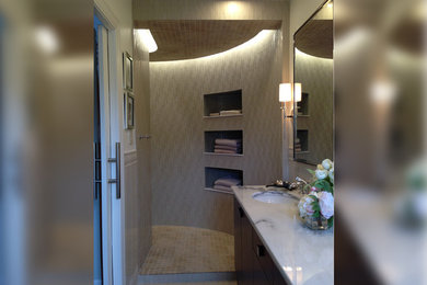 Example of a mid-sized transitional master beige tile and porcelain tile porcelain tile doorless shower design in Chicago with an undermount sink, flat-panel cabinets, dark wood cabinets, granite countertops, a one-piece toilet and beige walls