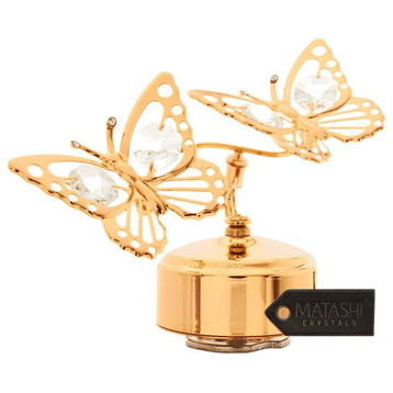 24K Gold Plated Music Box With Crystal Studded Double Butterfly Figurine