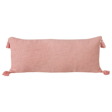Unique Neutral Solid Cotton Throw Pillow with Tassels, Light Pink, 14" X 36"
