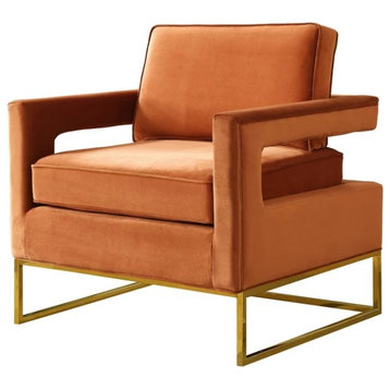 Contemporary Armchair, Golden Metal Base and Cognac Velvet Seat With Open Arms