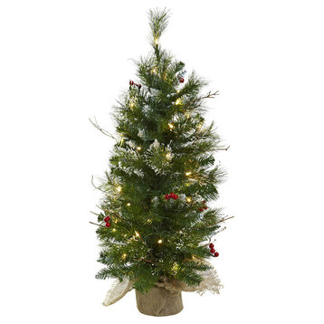 3' Christmas Tree With Clear Lights Berries and Burlap Bag, Green