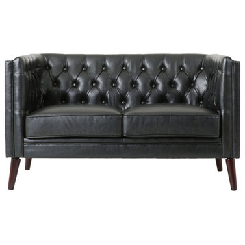 Henton Contemporary Upholstered Tufted Loveseat, Midnight/Brown, Faux Leather