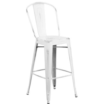 30" High Distressed White Metal Indoor-Outdoor Barstool With Back