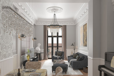 Inspiration for a mid-sized victorian formal and open concept painted wood floor and brown floor living room remodel in Paris with gray walls, no fireplace and a tv stand
