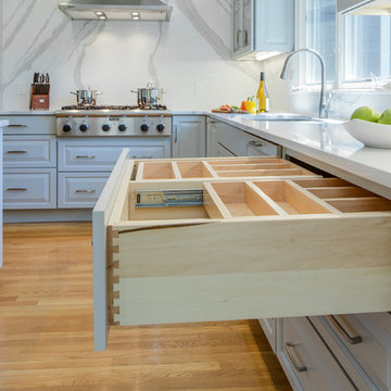 Gray Transitional Kitchen With Full-Height Backsplash