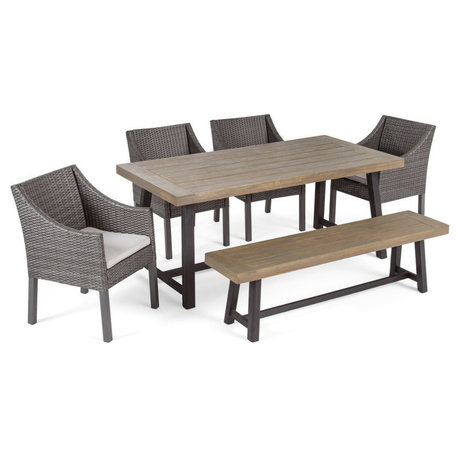 GDF Studio 6-Piece Kane Outdoor Dining Set With Wicker Chairs and Bench, Sandblast Gray