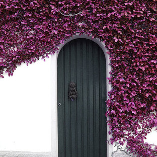Inspiration pour une porte d'entrée bohème avec un mur multicolore, une porte simple et une porte métallisée.