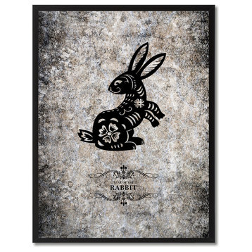 Rabbit Chinese Zodiac Black Print on Canvas with Picture Frame, 13"x17"