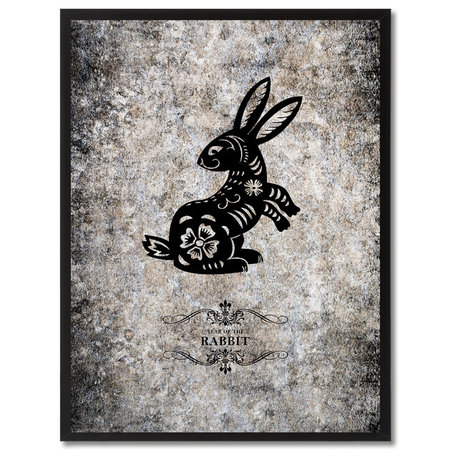 Rabbit Chinese Zodiac Black Print on Canvas with Picture Frame, 28"x37"