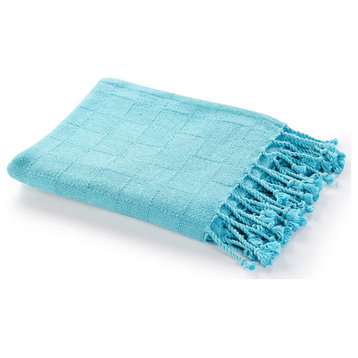 Checkered Weave Throw Blanket with Fringe, Angel Blue