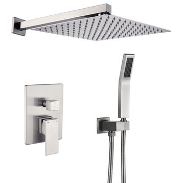 Wellfor Shower System with Rain Shower Head, Handheld Shower and Valve, Brushed Nickel, 10" Shower Head