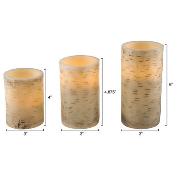 Flameless Real Wax LED Candles With Birch Bark and Remote, Set of 3