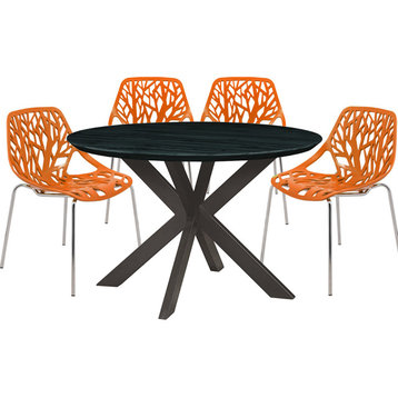 Leisuremod Ravenna 5-Piece Dining Set, Table With Geometric Base, Orange