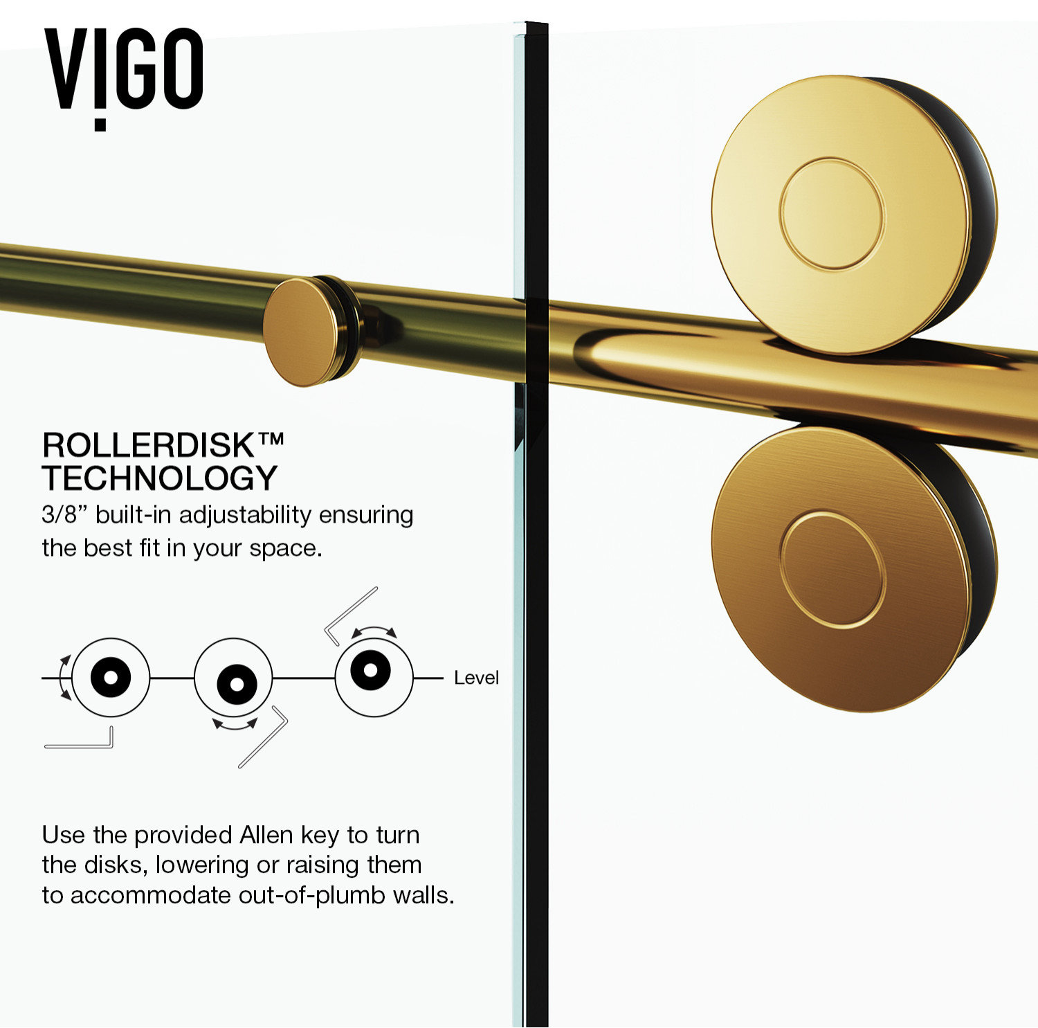 VIGO Elan 60" to 64" W x 74" H Frameless Sliding Shower Door, Matte Gold, Clear Glass