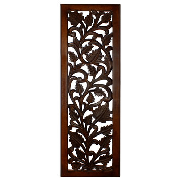 Mango Wood Wall Panel Hand Crafted With Leaves And Scroll Work Motif, Brown