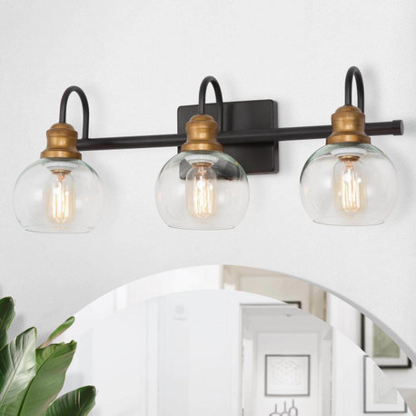 LALUZ Matte Black and Antique Gold Modern Bathroom Vanity Light, 3-Light
