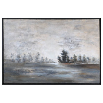 Winter Landscape Trees Painting, Gray Tan Black Wall Art