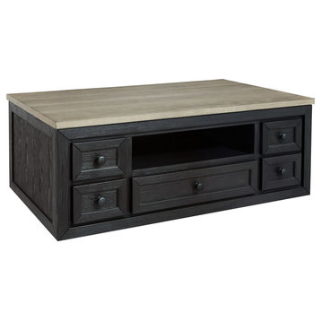 50" Rectangular Lift Top Coffee Table, 5 Drawers, Wire Brushed Black