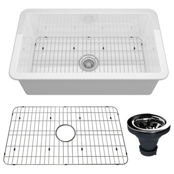 32in Undermount Single Bowl Fireclay Kitchen Sink with Grid and Drainer, Glossy White