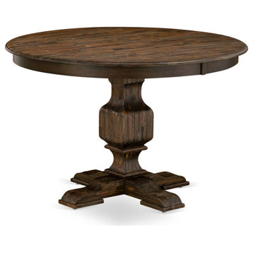 Round Dining Table, Rustic Rubberwood Table, Distressed Jacobean Finish, 48"