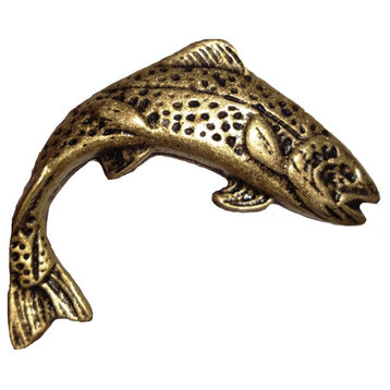 Jumping Trout Right Facing Cabinet knob, Antique Brass