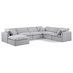 Meridian Furniture - Indulge Upholstered Modular U-Shaped Sectional, Grey, 7-Piece: 3 Armless Chair, 3 Corner Chair, 1 Ottoman, Down Stuffed Linen Textured Fabric - Experience ultimate comfort and style with our grey linen textured fabric Indulge Sectional. The luxurious linen texture of the fabric will elevate the aesthetic of any room. This sofa provides ample space for you to relax while its modular build offers the option of unlimited configurations. Whether you're looking to add a stylish element to your living room or a comfortable seating option to your bedroom, this sofa is the perfect choice.