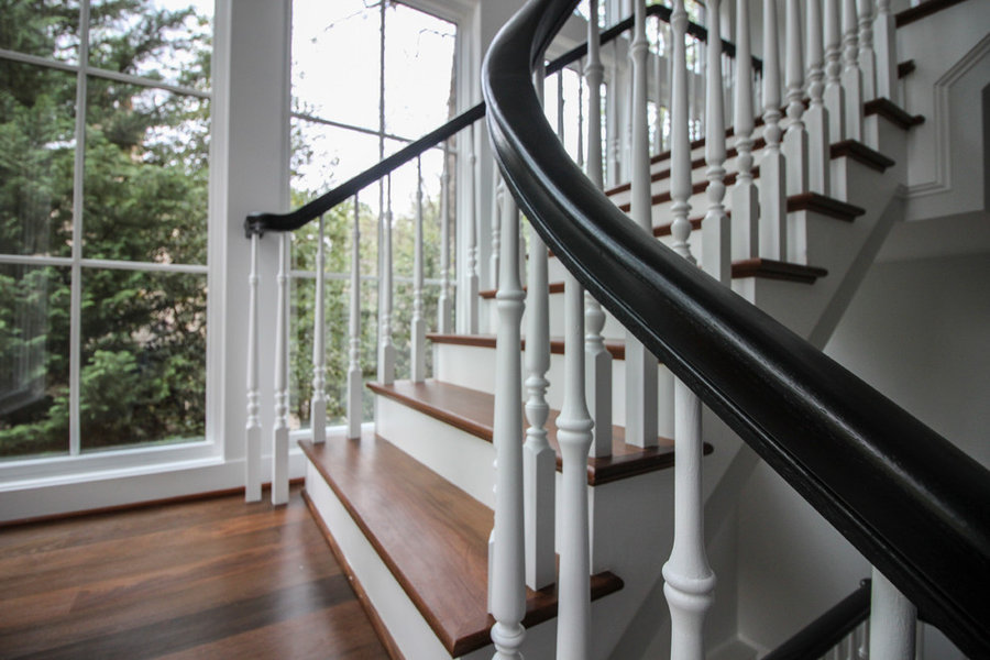 Powerful Impression by Floating Staircase in Suburban Foyer