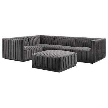 Conjure Channel Tufted Velvet 5-Piece Sectional, Black Gray