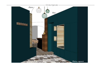 Modelo de entrada minimalista con paredes beige, suelo de terrazo, puerta simple, puerta naranja y suelo multicolor