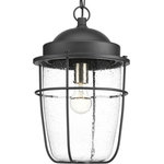 Progress Lighting - Holcombe Hanging Lantern - A nautical-inspired collection ideal for a variety of exteriors, including Coastal, Transitional and Urban Industrial settings. Black lanterns with clear seeded glass feature a hint of brushed nickel on the interior. Geometric details offer a finishing touch for wall, hanging and post lantern options. Uses (1) 100-watt medium bulb (not included).
