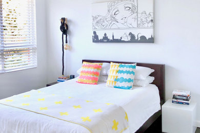 Mid-sized trendy master dark wood floor and black floor bedroom photo in Other with white walls