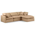 Meridian Furniture - Indulge Upholstered Modular L-Shaped Sectional, Tan, 4-Piece: 1 Armless Chair, 2 Corner Chair, 1 Ottoman, Fiber Stuffed Vegan Leather - Experience ultimate comfort and style with our tan vegan leather Indulge Sectional. The luxurious vegan leather will elevate the aesthetic of any room. This sofa provides ample space for you to relax while its modular build offers the option of unlimited configurations. Whether you're looking to add a stylish element to your living room or a comfortable seating option to your bedroom, this sofa is the perfect choice.