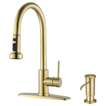 Stainless steel pull-down kitchen faucet With soap dispenser, Brushed Gold