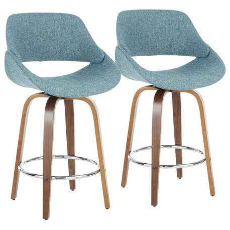 Fabrico Mid-Century Modern Counter Stool, Walnut and Blue Noise Fabric, Set of 2