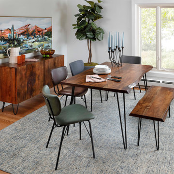 Niovi 5-Piece Dining Set – Live Edge Acacia Meets Modern Metal