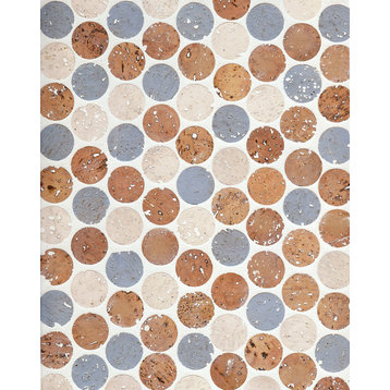 12"x12" Habitus Cork Mosaic Penny Tiles, Set of 24, Natural/Pickling White/Blue