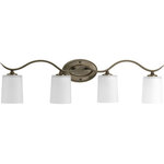 Progress - Progress P2021-20 Inspire - Four Light Bath Bar - Harkening back to a simpler time, the Inspire Collection freshens traditional forms with flowing lines. Antique Bronze oval metal arms gracefully breeze over and support etched glass shades. Uniquely designed four-light fixture can create different looks as its versatility allows it to be mounted up or down.   Antique Bronze finish Flowing metal arms White etched glass shades Versatile design- fixture can be mounted up or down Mounting Direction: Up/DownShade Included: TRUE Warranty: 1 Year Warranty* Number of Bulbs: 4*Wattage: 100W* BulbType: Medium Base* Bulb Included: No