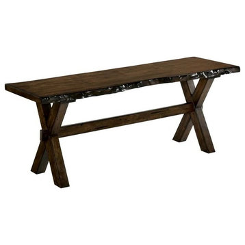 Rustic Dining Bench, X-Crossed Trestle Base With Natural Wood Grain Seat, Brown