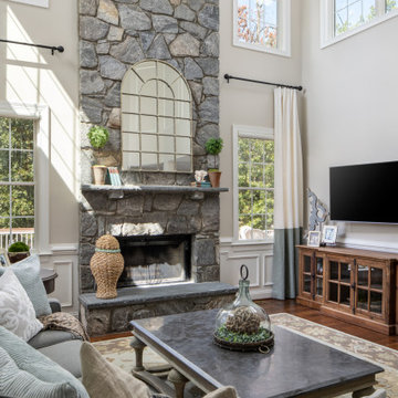 Two Story Family Room with Jute Rope Chandelier