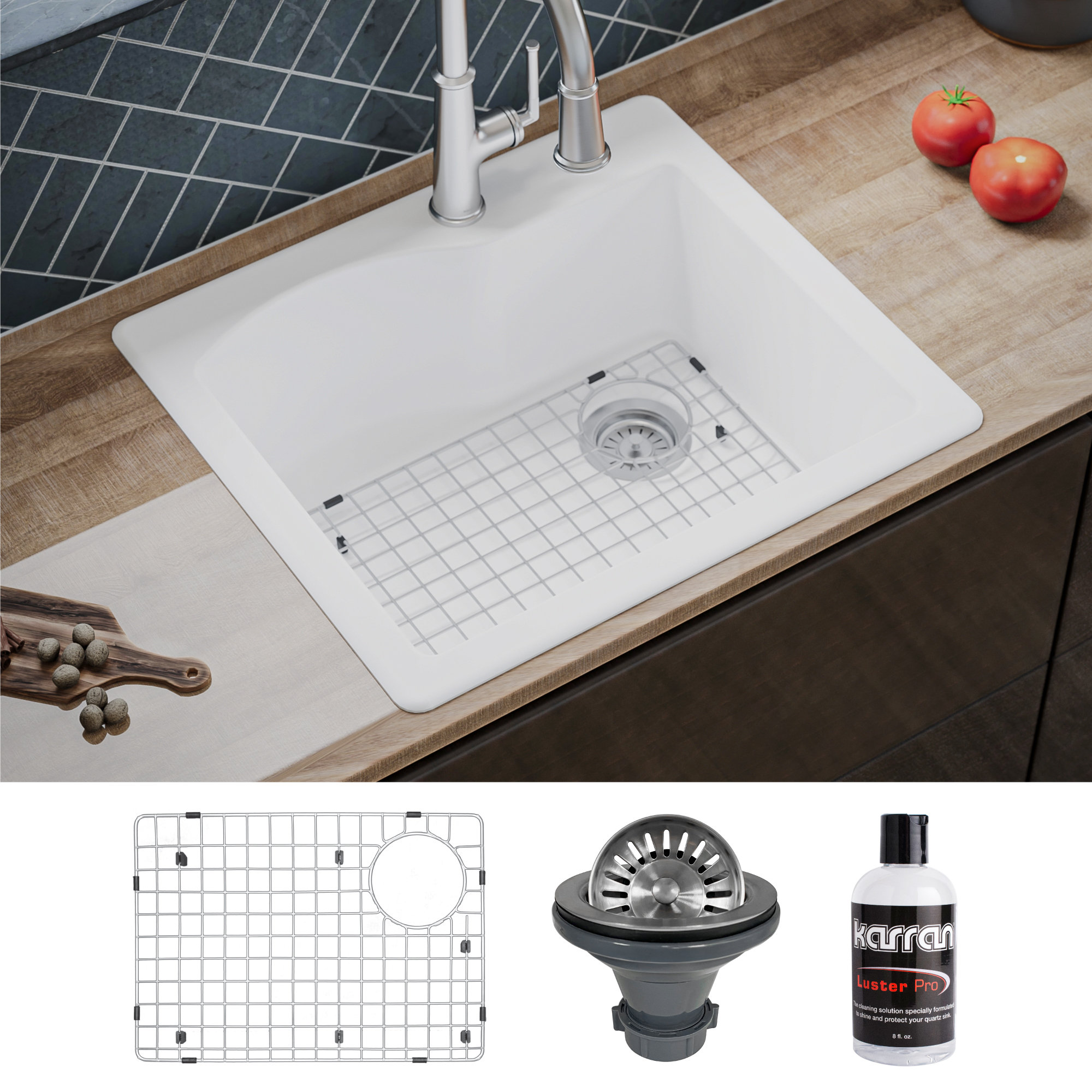 Karran Drop-In Quartz 25" 1-Hole Single Bowl Kitchen Sink Kit, White