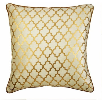 Gold Decorative Pillow Cover, Ivory Foil Print 24"x24" Velvet, Moroccan Lattice