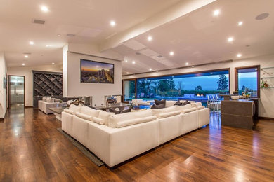 Example of a mid-sized minimalist formal and enclosed medium tone wood floor and brown floor living room design in Los Angeles with white walls, a two-sided fireplace, a metal fireplace and a media wall