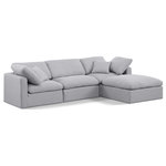 Meridian Furniture - Indulge Upholstered Modular L-Shaped Sectional, Grey, 4-Piece: 1 Armless Chair, 2 Corner Chair, 1 Ottoman, Down Stuffed Linen Textured Fabric - Experience ultimate comfort and style with our grey linen textured fabric Indulge Sectional. The luxurious linen texture of the fabric will elevate the aesthetic of any room. This sofa provides ample space for you to relax while its modular build offers the option of unlimited configurations. Whether you're looking to add a stylish element to your living room or a comfortable seating option to your bedroom, this sofa is the perfect choice.