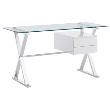 Sector 56" Glass Top Glass Office Desk, White